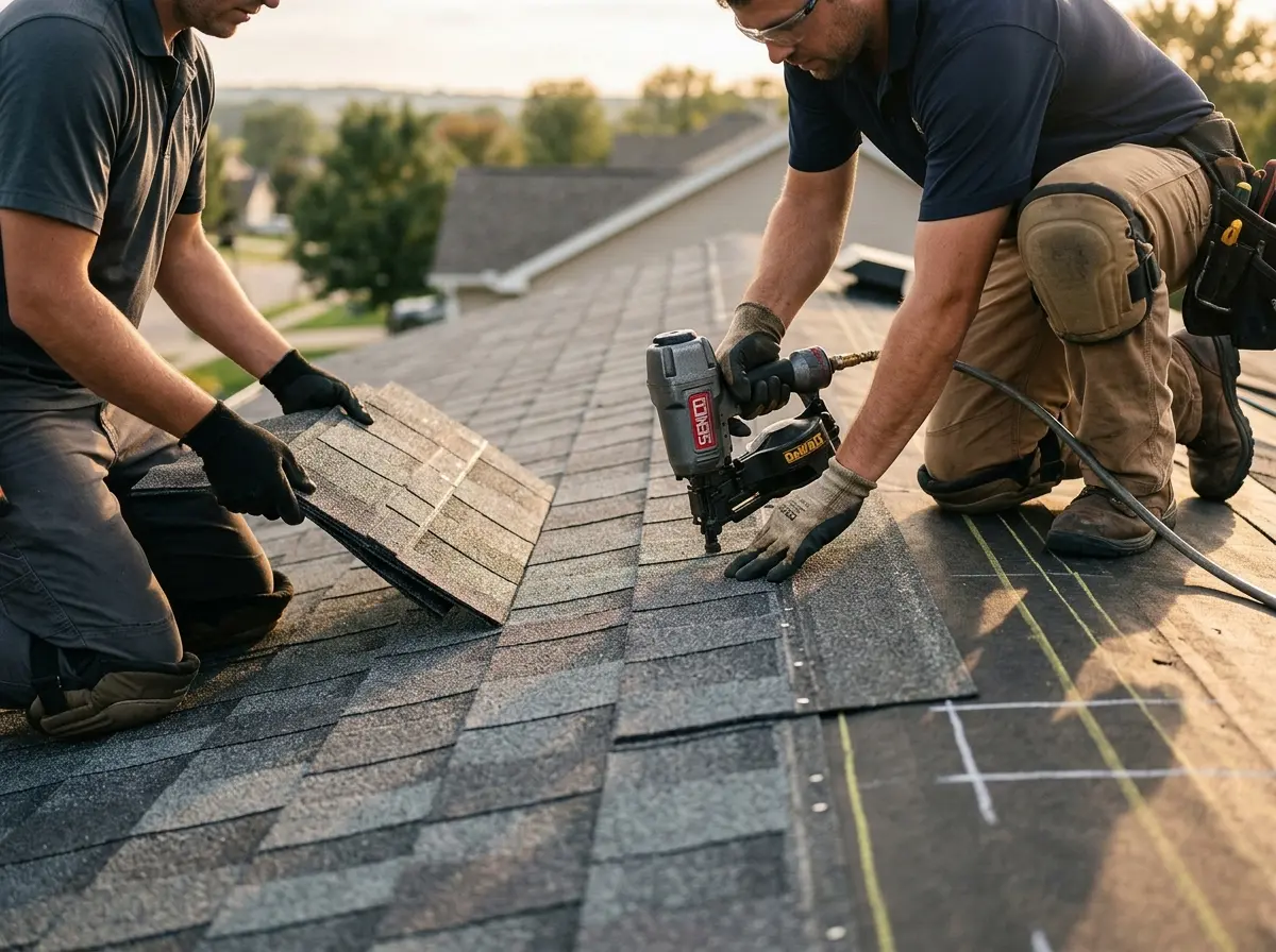 Professional roofer working on a residential roof in Green Hill